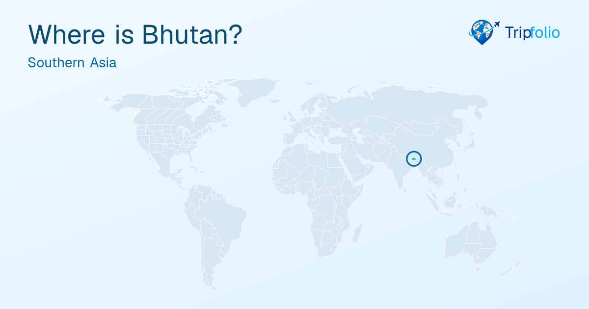World map with Bhutan highlighted in green and circled