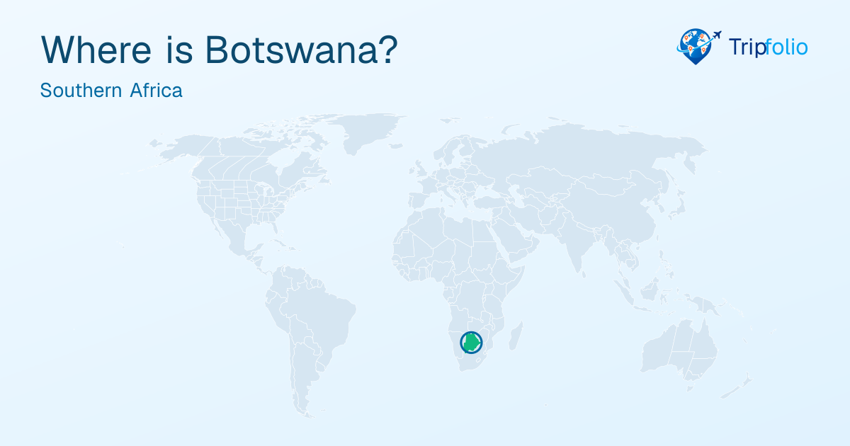 World map with Botswana highlighted in green and circled