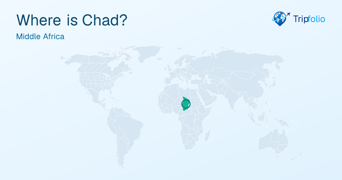 World map with Chad highlighted in green and circled
