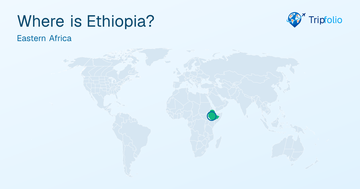 World map with Ethiopia highlighted in green and circled