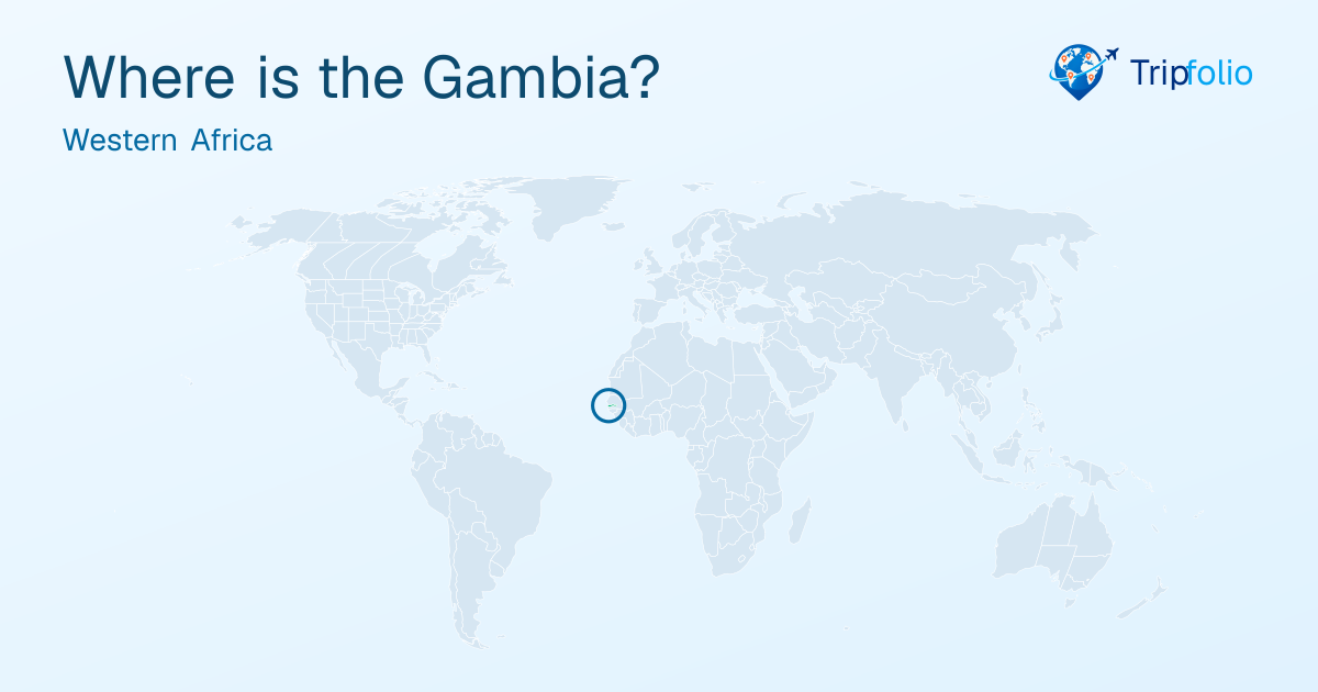 World map with the Gambia highlighted in green and circled