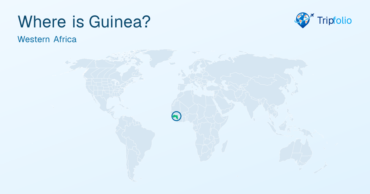 World map with Guinea highlighted in green and circled