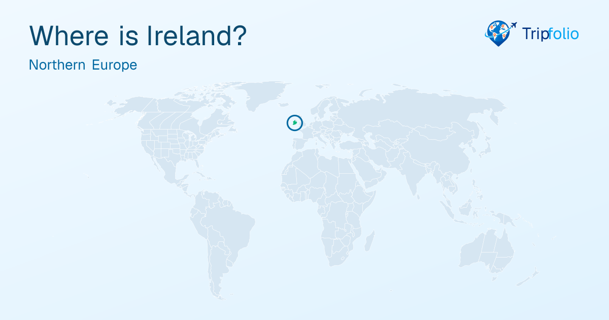 World map with Ireland highlighted in green and circled