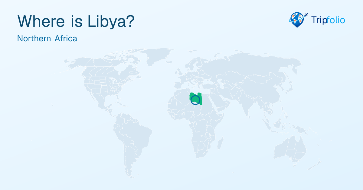 World map with Libya highlighted in green and circled