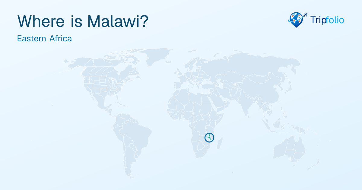 World map with Malawi highlighted in green and circled
