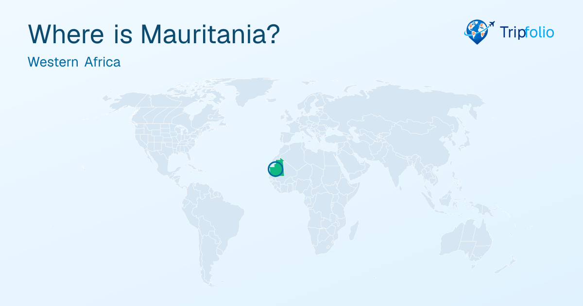 World map with Mauritania highlighted in green and circled