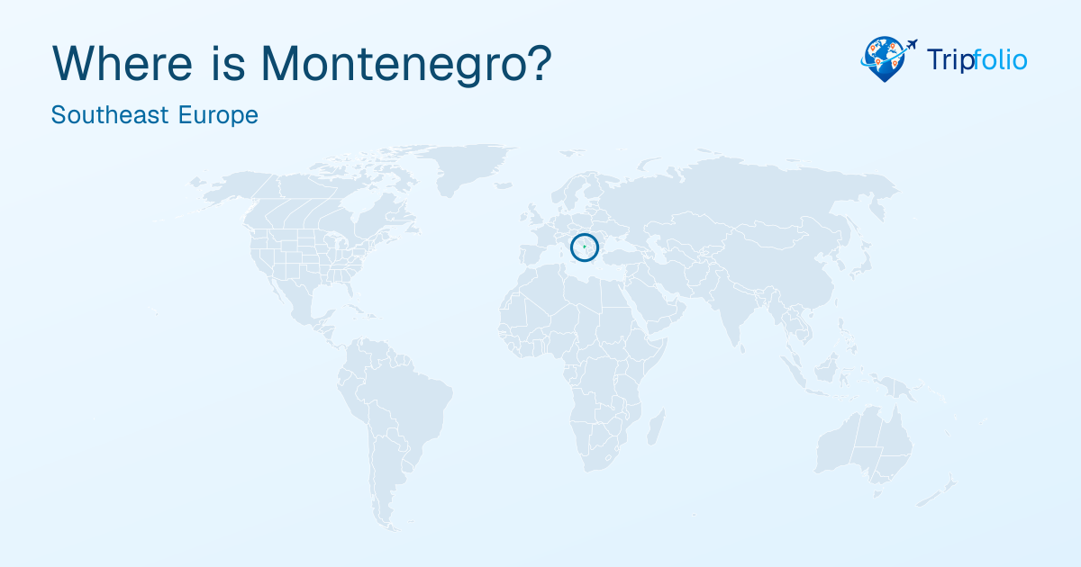 World map with Montenegro highlighted in green and circled