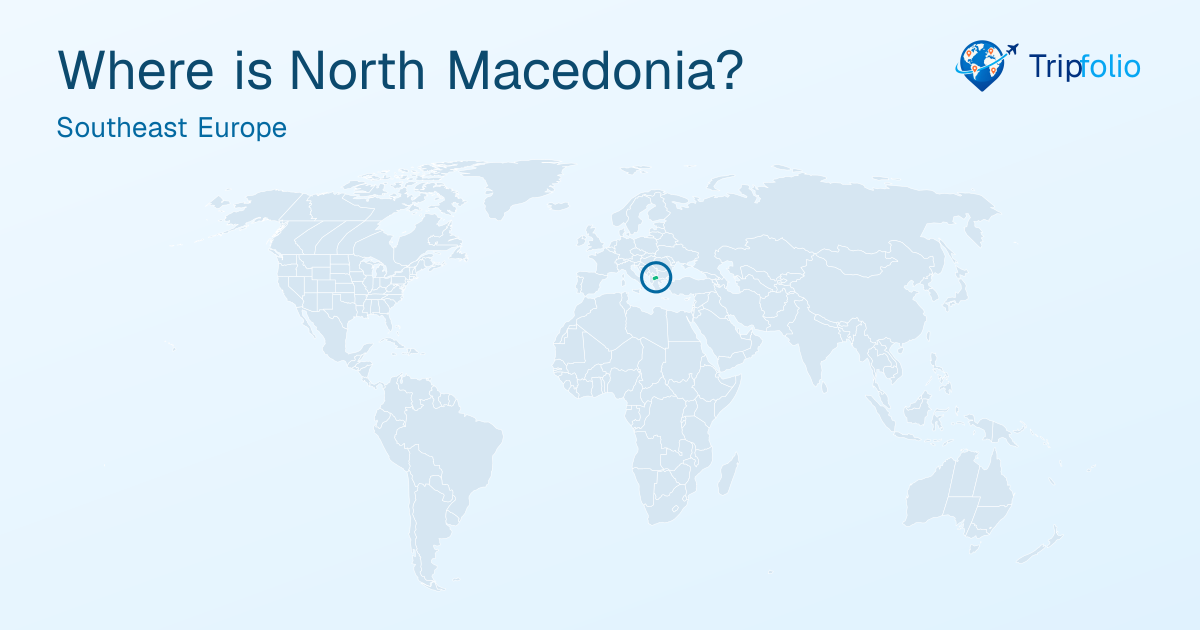 World map with North Macedonia highlighted in green and circled