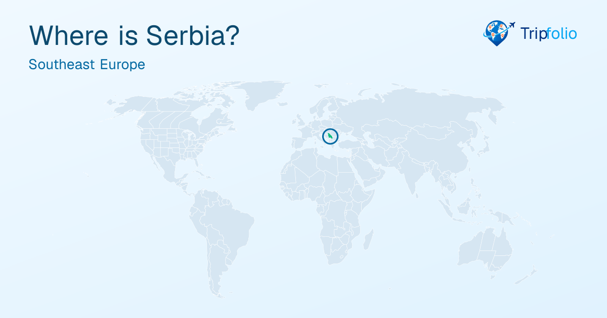World map with Serbia highlighted in green and circled